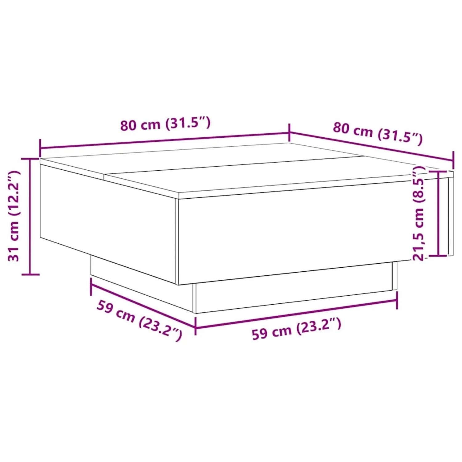 Maßzeichnung des quadratischen vidaXL Couchtischs 80x80x31 cm. Zeigt die Abmessungen des Beistelltisches.