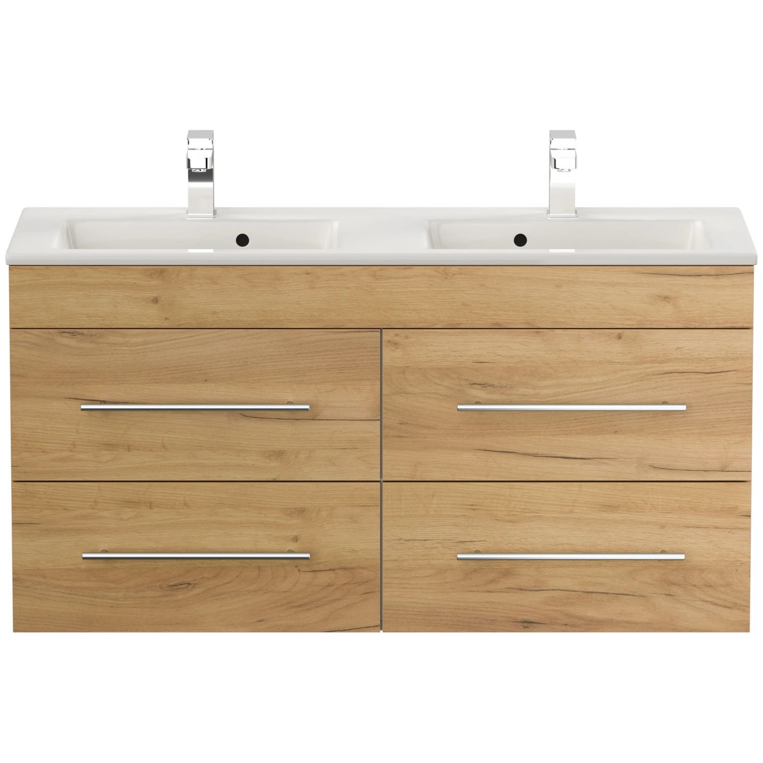 Posseik Badmöbel Homeline 120 Eiche Gold mit Waschbecken und vier Schubladen.