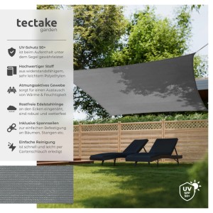 Rechteckiges, graues Tectake Sonnensegel über zwei Liegen im Garten. UV Schutz 50+.