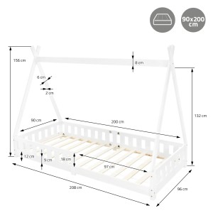 Weißes ML-Design Kinderbett Tipi 90x200 cm mit Lattenrost und Rausfallschutz.