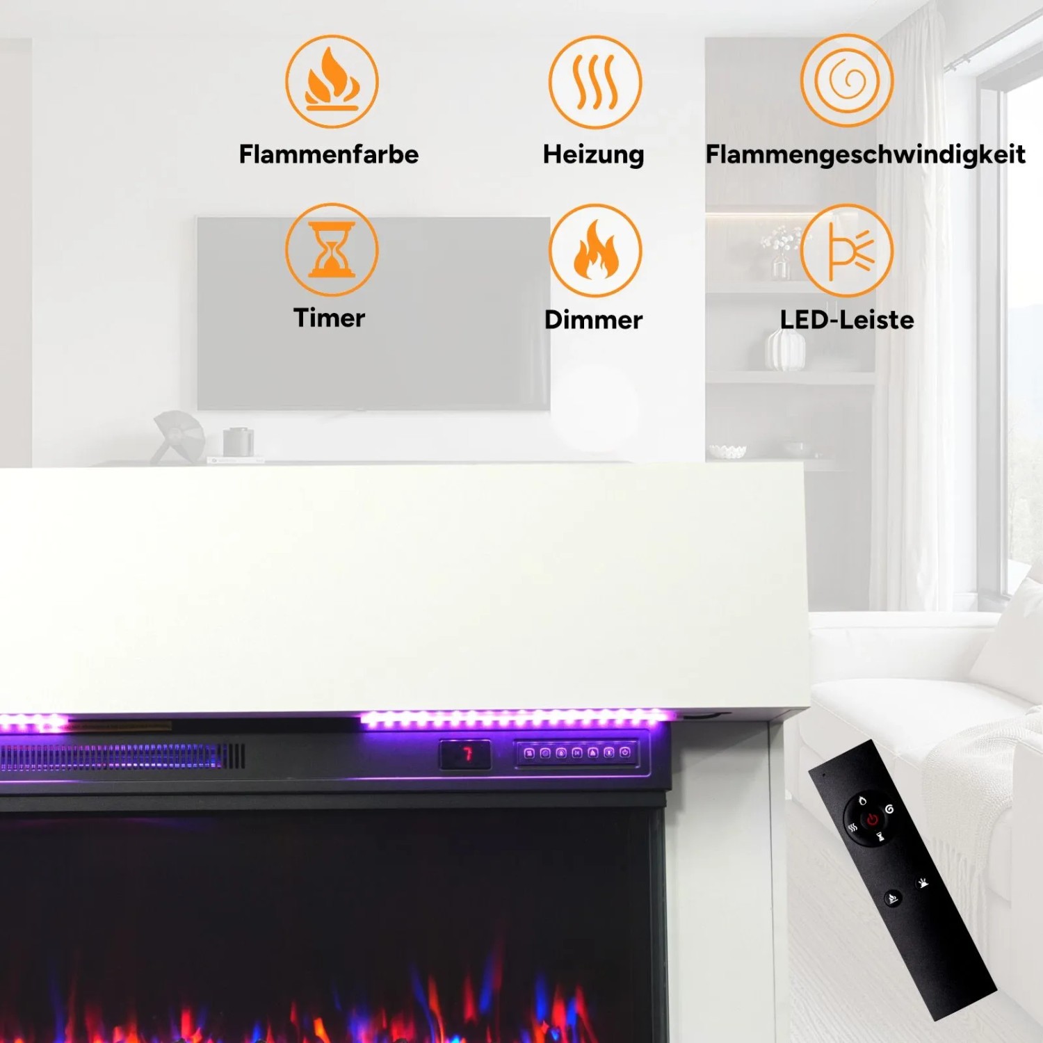 HOMAVO Elektrokamin mit Schrank (36 Zoll, 1000/2000W) mit Touch-Bedienfeld und Fernbedienung.