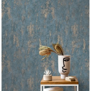 Blaue Erismann Vliestapete in Betonoptik mit goldfarbenen Akzenten. Dekorative Tapete für ein stilvolles Ambiente.