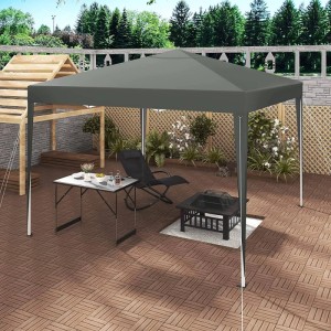 Grauer WOLTU Pop-Up Pavillon 3x3m auf Terrasse mit Tisch & Stuhl. Wasserdichter Sonnenschutz für Garten & Outdoor.