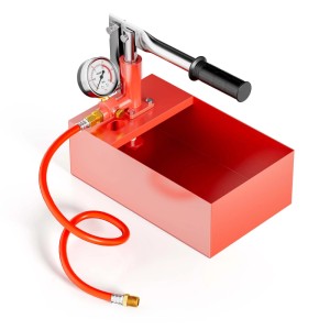 Rote Wiltec Befüll- und Prüfpumpe für Heizung & Solar. Manuelle Abdrückpumpe mit Manometer und Druckschlauch.