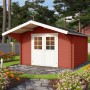 Lasita Holz-Gartenhaus Viljandi 34, schwedenrot, mit Anbaudach und weißen Doppeltüren.