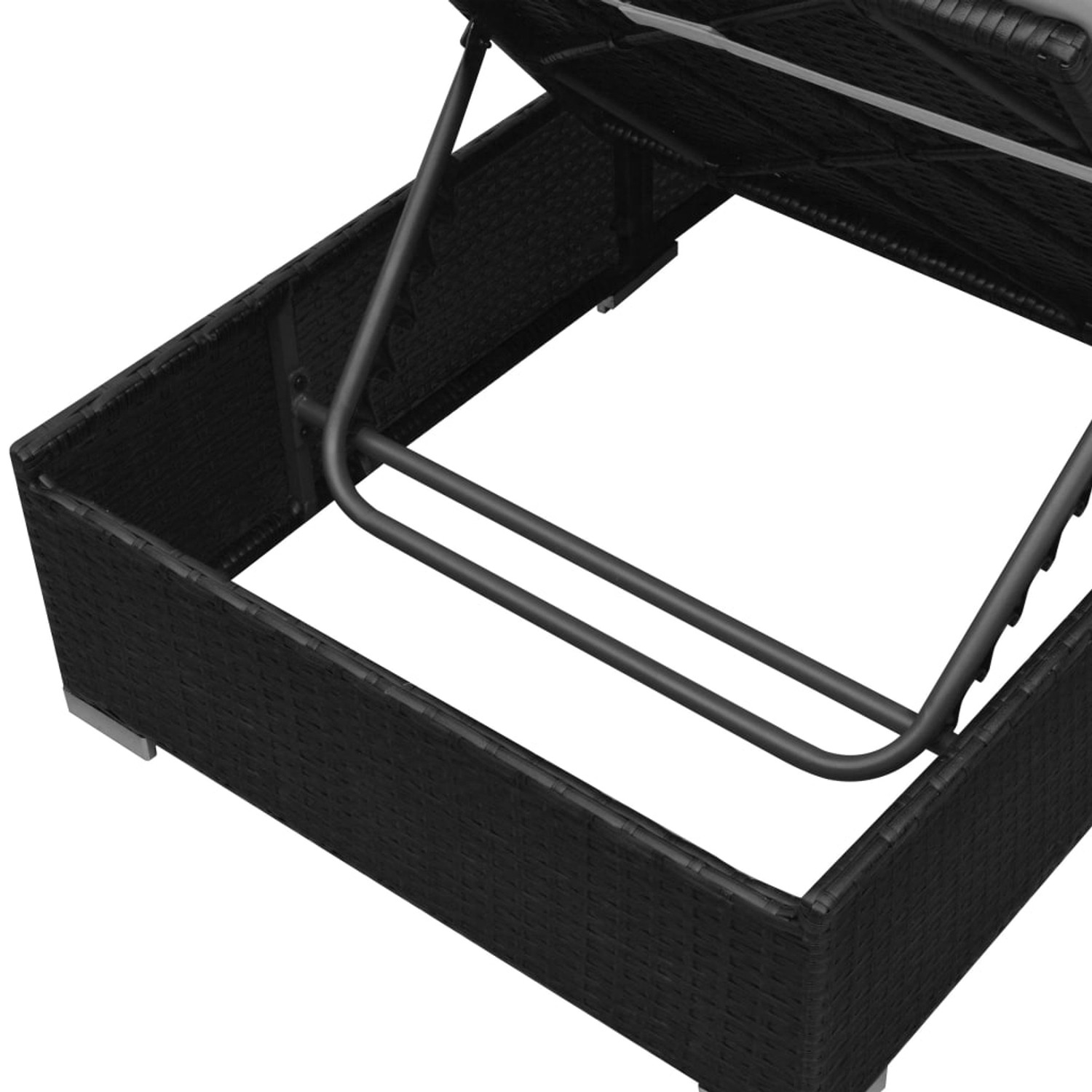 Detailansicht der vidaXL Gartenlounge: Schwarzes Poly Rattan, Stahlrahmen, verstellbare Rückenlehne.