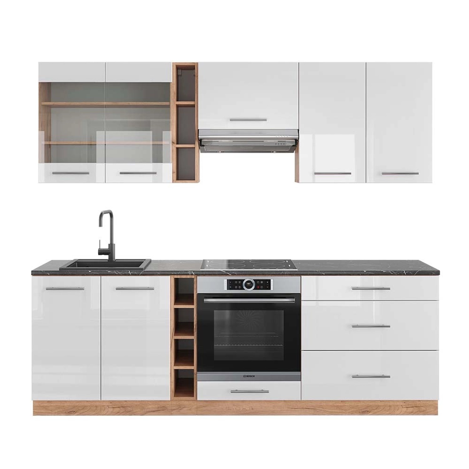 Vicco Fame-Line Küchenzeile Weiß Hochglanz/Goldkraft Eiche 235 cm AP Anthra günstig online kaufen