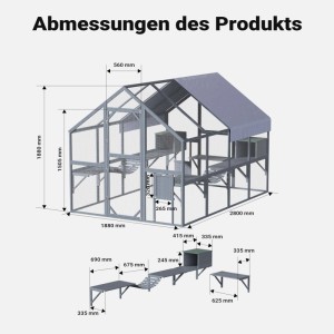 Technisches Diagramm des Wiltec Katzenfreigeheges aus Holz mit allen Maßen, mehreren Ebenen und Rampe.