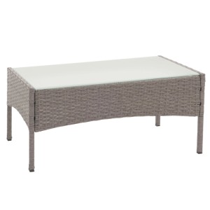 Grauer Poly-Rattan Gartentisch Hamar mit rechteckiger Glasplatte und stabilem Stahlgestell.