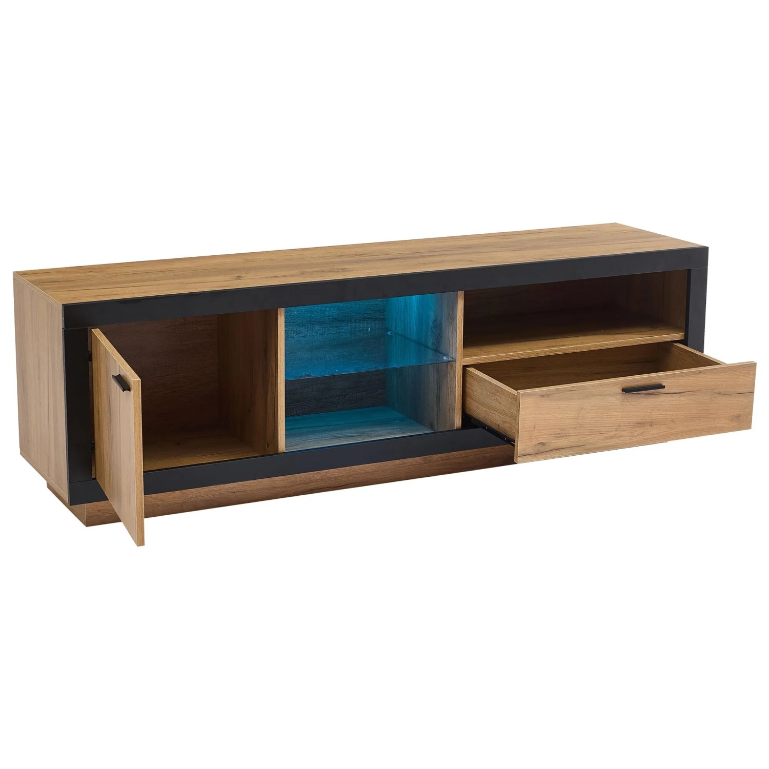 Merax TV Lowboard LED Glasböden Stauraum Für 70 Zoll TV Schwarz Eiche