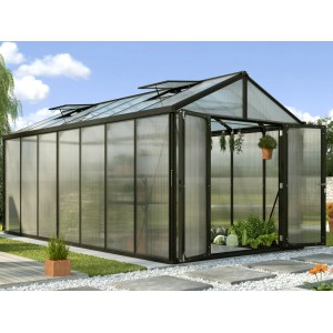 Vitavia Gewächshaus Zeus Comfort 13800, 13,8 m², schwarz, mit geöffneter Doppeltür und Pflanzen.