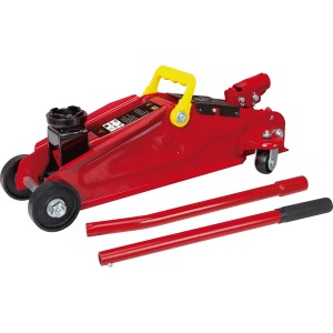 Reifenwechsel-Set: Roter Rangierwagenheber mit gelbem Griff und Hebelstangen.