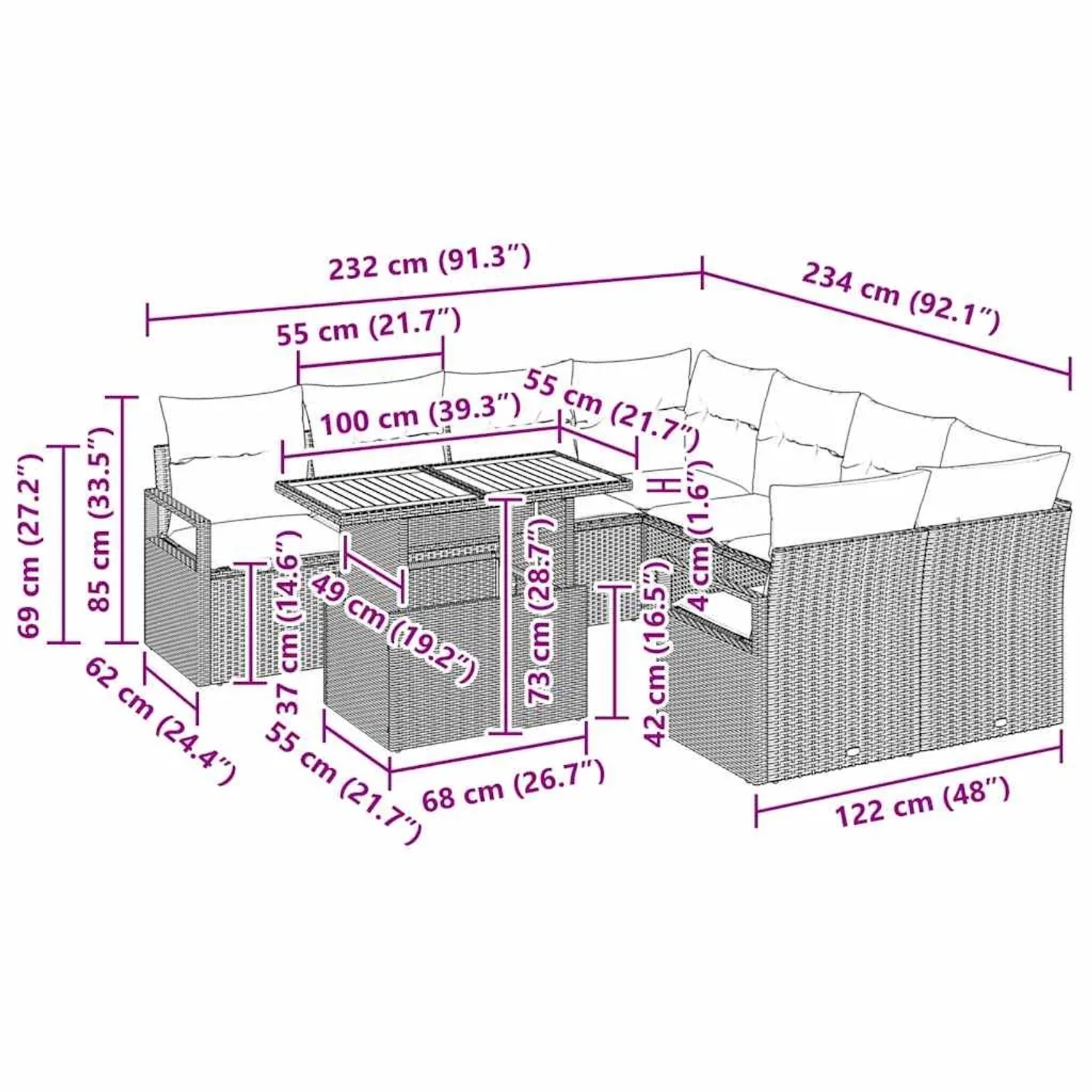 vidaXL Gartenmöbel-Set, 9-teilig, schwarz, Poly Rattan, mit Maßen. Ideal für Terrasse und Garten.