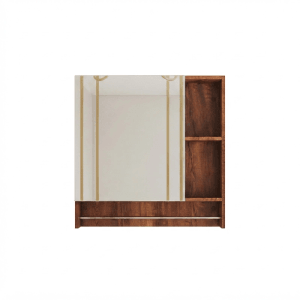 Wandmontierter Spiegelschrank in Holzfarbe mit Spiegel, offenen Ablagefächern und Stauraum für Badezimmer.