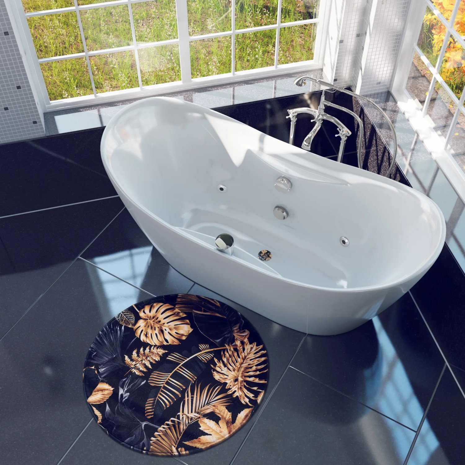 Runder SANILO Badteppich Golden Leaves (80 cm) vor Badewanne auf dunklen Fliesen.