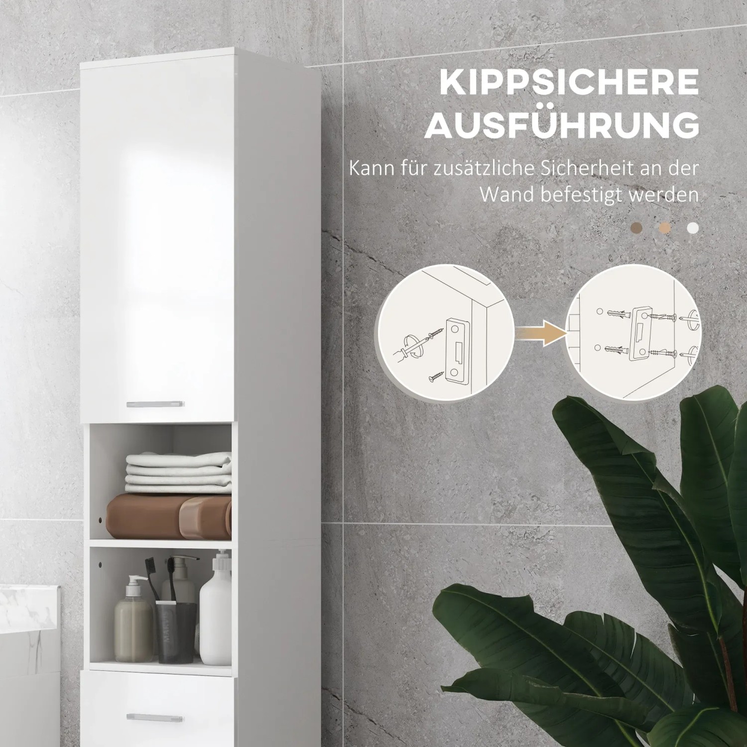 Weißer kleankin Badezimmerschrank aus Spanplatte mit Stauraum und Kippschutz.