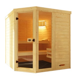 Weka Elementsauna Laukkala mit Glastür, Holz und Ofen-Set (7,5 kW) für entspannte Sauna-Gänge.