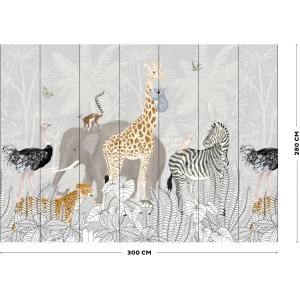 Art for the Home Fototapete Kids Jungle (280x300cm) mit Dschungeltieren wie Giraffe, Zebra und Elefant.