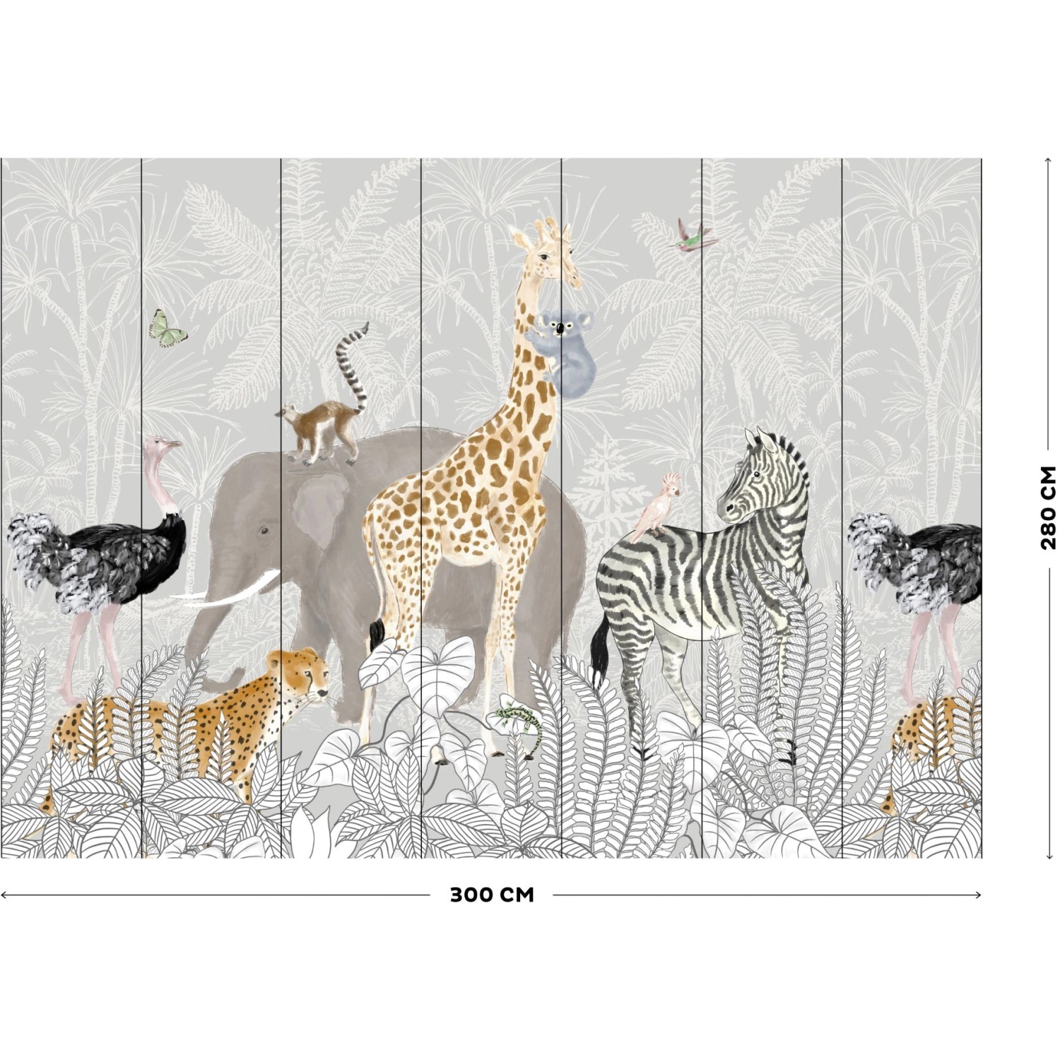 Art for the Home Fototapete Kids Jungle (280x300cm) mit Dschungeltieren wie Giraffe, Zebra und Elefant.