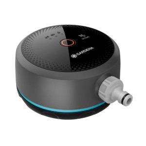 Gardena Smart Pipeline Water Control Bewässerungscomputer in Grau mit weißem Anschluss.