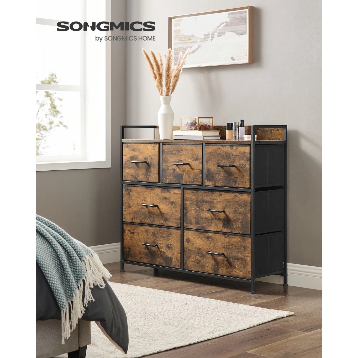 Songmics Kommode mit 7 Stoffschubladen in Braun-Schwarz. Wohnzimmerschrank mit rustikalem Design.