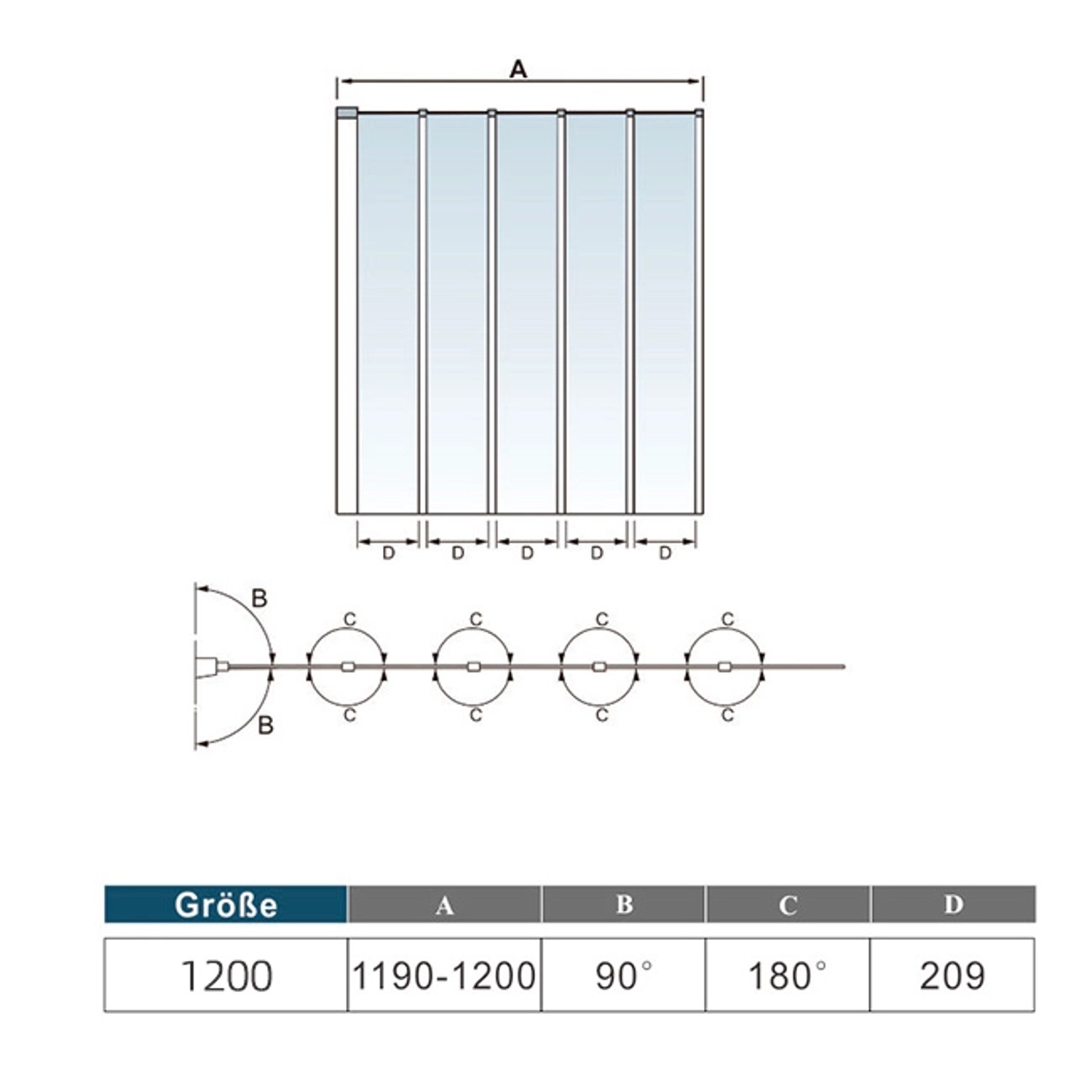 Technische Zeichnung: AICA 5-teilige Duschtrennwand mit Faltwand, Maße und Schwenkmechanismus.