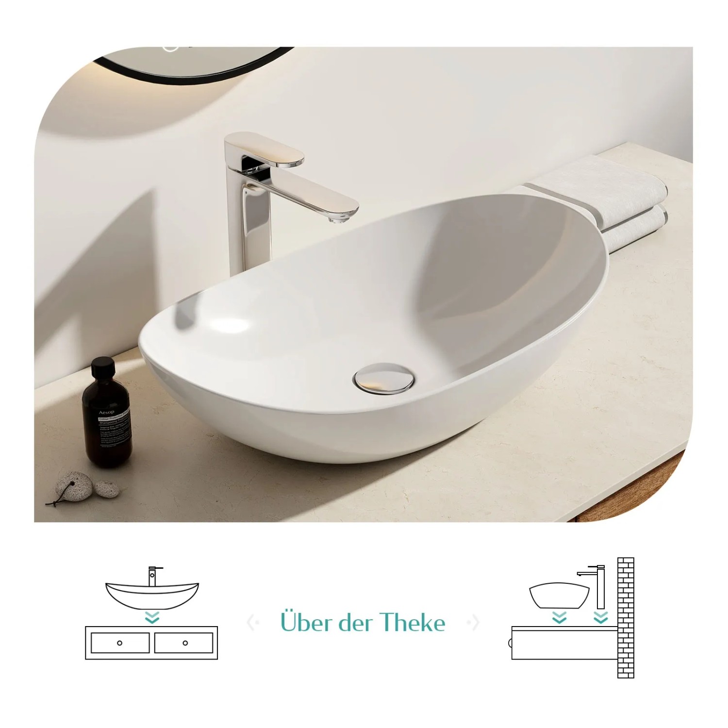 Ovales, weißes Emke Handwaschbecken aus Keramik als Aufsatzwaschbecken mit Armatur.