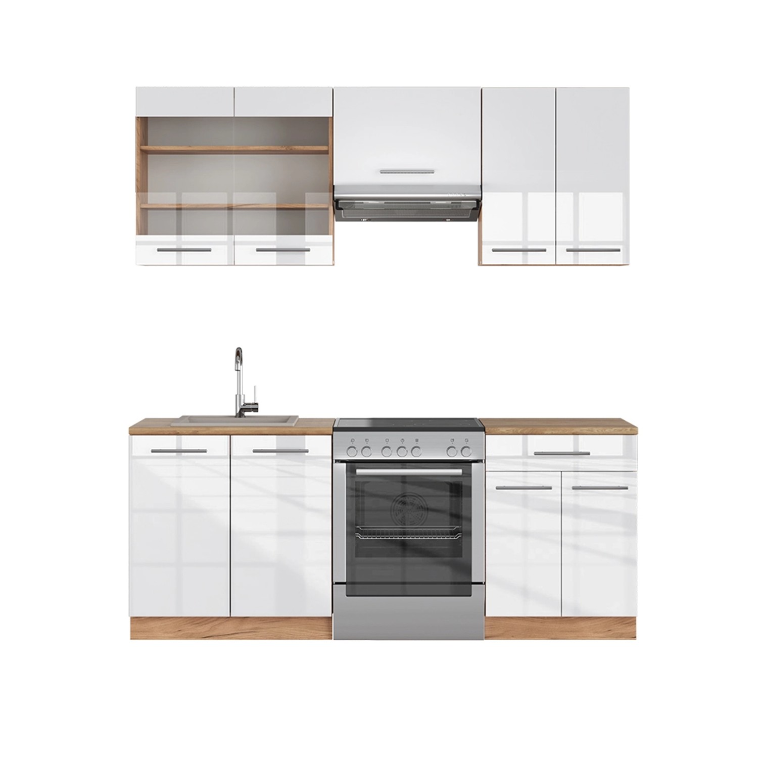 Vicco Fame-Line Küchenzeile Weiß Hochglanz/Goldkraft Eiche 200 cm ohne Arbe günstig online kaufen