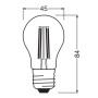 Skizze: Osram LED-Leuchtmittel E27 Tropfenform, Maße 8,4 x 4,5 cm.