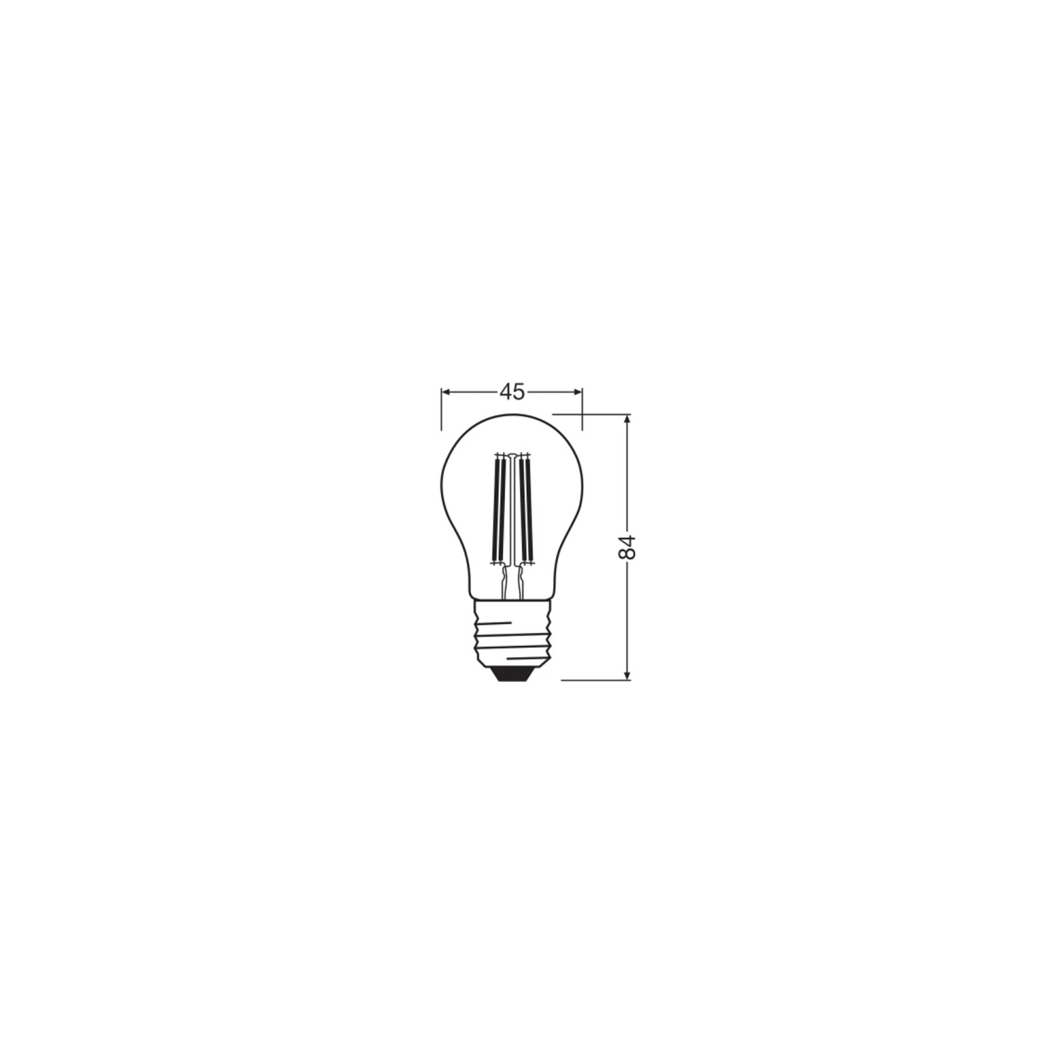 Skizze: Osram LED-Leuchtmittel E27 Tropfenform, Maße 8,4 x 4,5 cm.