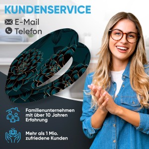 Sanilo WC-Sitz Dahlien mit Absenkautomatik, Dekor mit Blumenmuster und Kundenservice-Informationen.