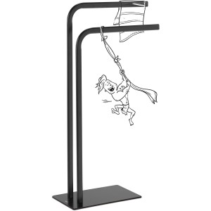 Schwarzer, freistehender baliv Handtuchhalter mit 2 Armen und Comic-Illustration.