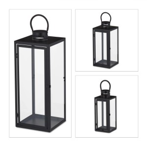 Relaxdays Laternen 3er Set Eisen Glas Schwarz 63 cm x 21 cm x 21 cm