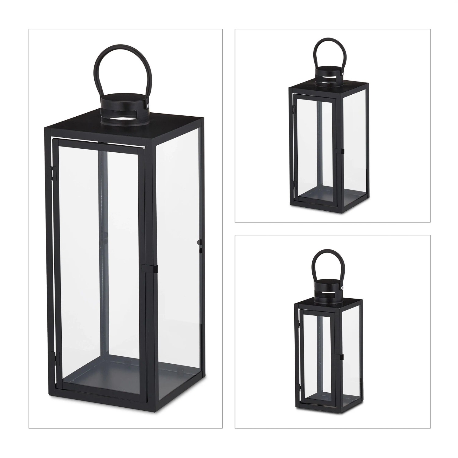 Relaxdays Laternen 3er Set Eisen Glas Schwarz 63 cm x 21 cm x 21 cm