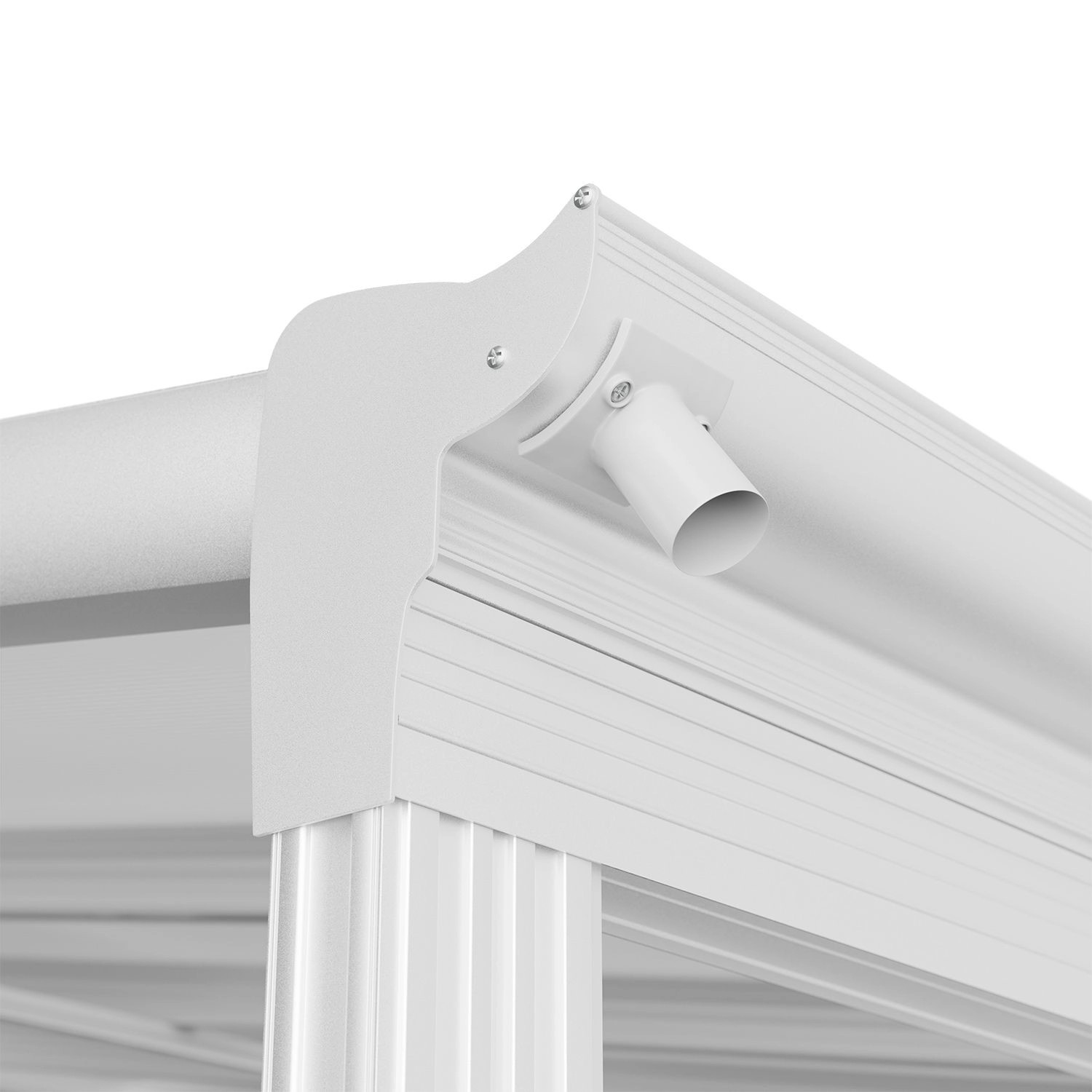 Detailaufnahme: Weiße Juskys Terrassenüberdachung Borneo mit Regenrinne und transparenten Doppelstegplatten.