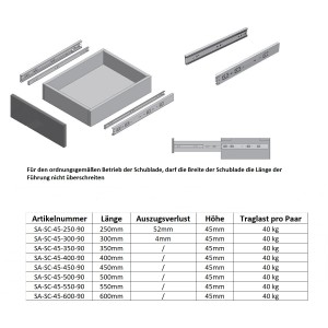 MS Beschläge Schubladenauszug, schwarz, Vollauszug, 450 mm, 30 kg Tragkraft.