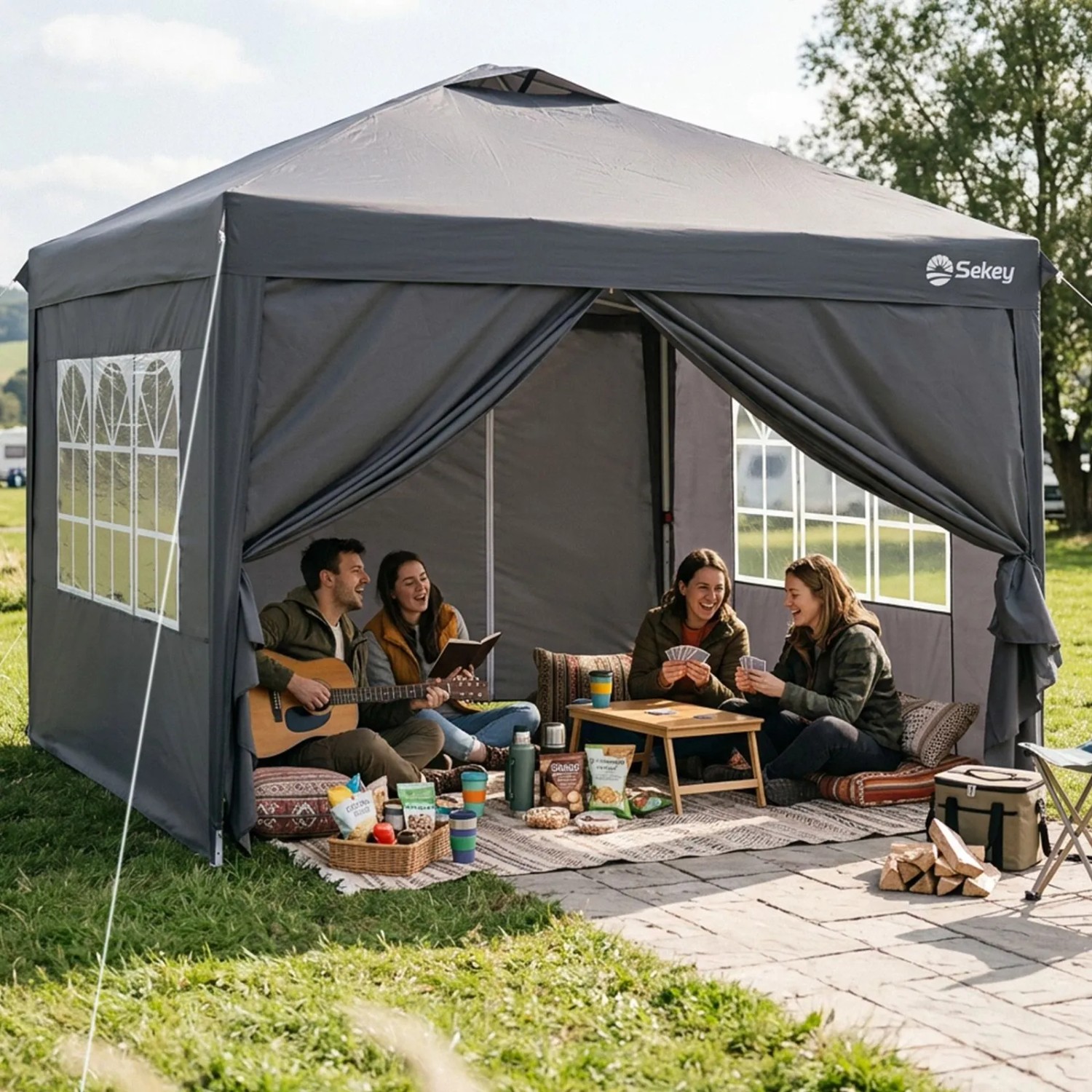 Dunkelgrauer Sekey Faltpavillon 3x3 m mit Fenstern und Seitenteilen, unter dem Personen entspannt sitzen. Pop-Up Partyzelt & Sonnenschutz.
