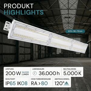 Weiße LUXULA LED Hallenleuchte, 200W, 24000lm, 5000K, IP65, für Industrie und Gewerbe.
