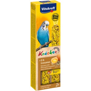 Vitakraft Kräcker Ei & Grassamen für Wellensittiche, 2 Stück. Knabberstangen im gelben Karton.