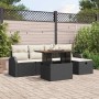 Schwarzes 6-tlg. vidaXL Garten-Sofa-Set aus Poly Rattan mit Tisch und Kissen.