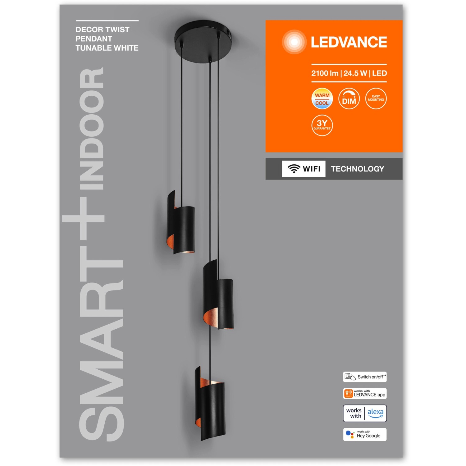 Schwarze Ledvance Smart+ WiFi Pendelleuchte Decor Twist, 150 cm, Hängeleuchte mit drei Leuchten.