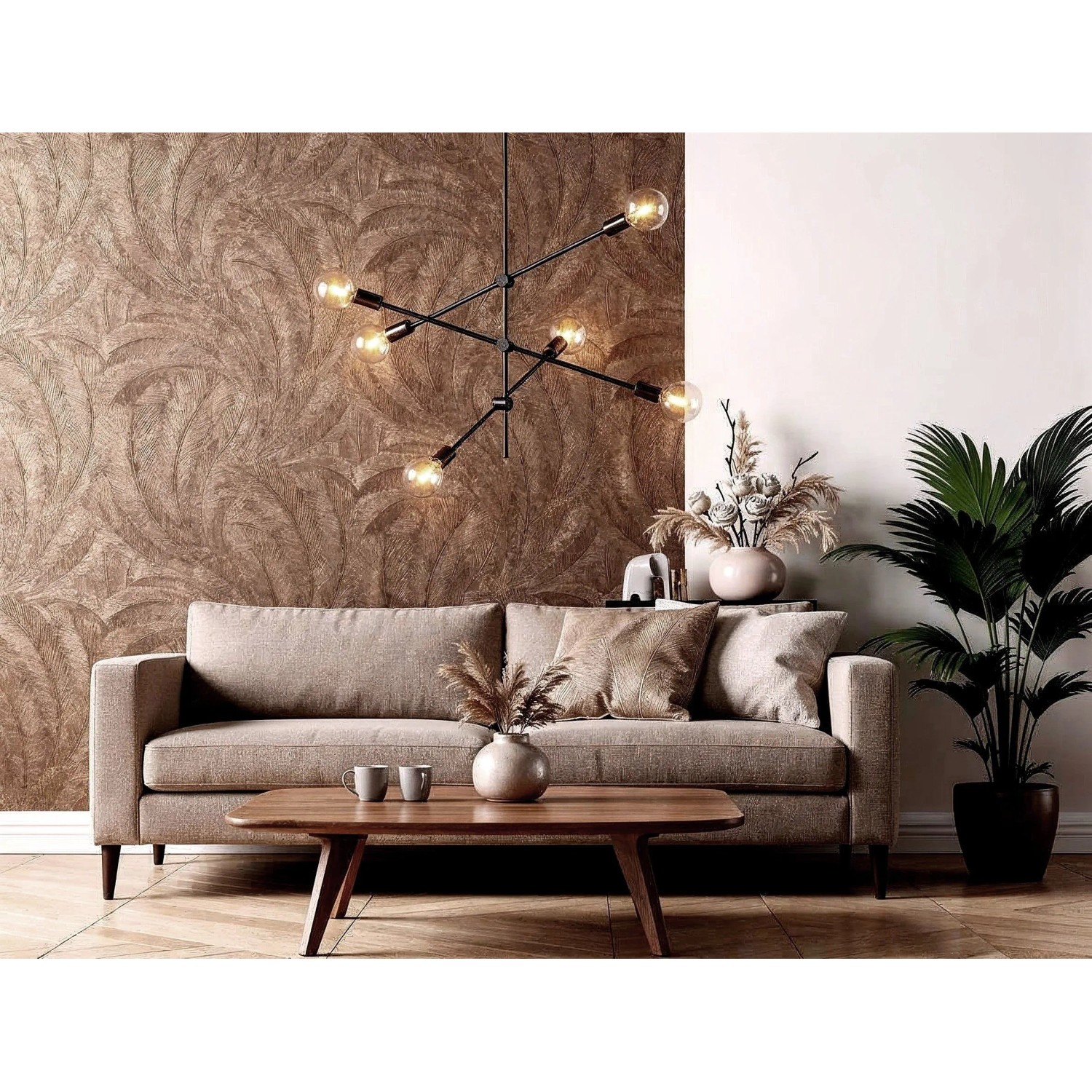 Wohnzimmer mit Newroom Vliestapete Savina Bronze Palmen, Struktur und Natur Design.