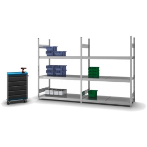 Verzinktes PROREGAL Weitspannregal mit 3 Ebenen, beladen mit Boxen und Werkzeugwagen.