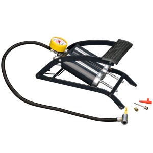 CMI Fußluftpumpe mit Doppelzylinder, Manometer und Adaptern für Auto, Fahrrad und Bälle.