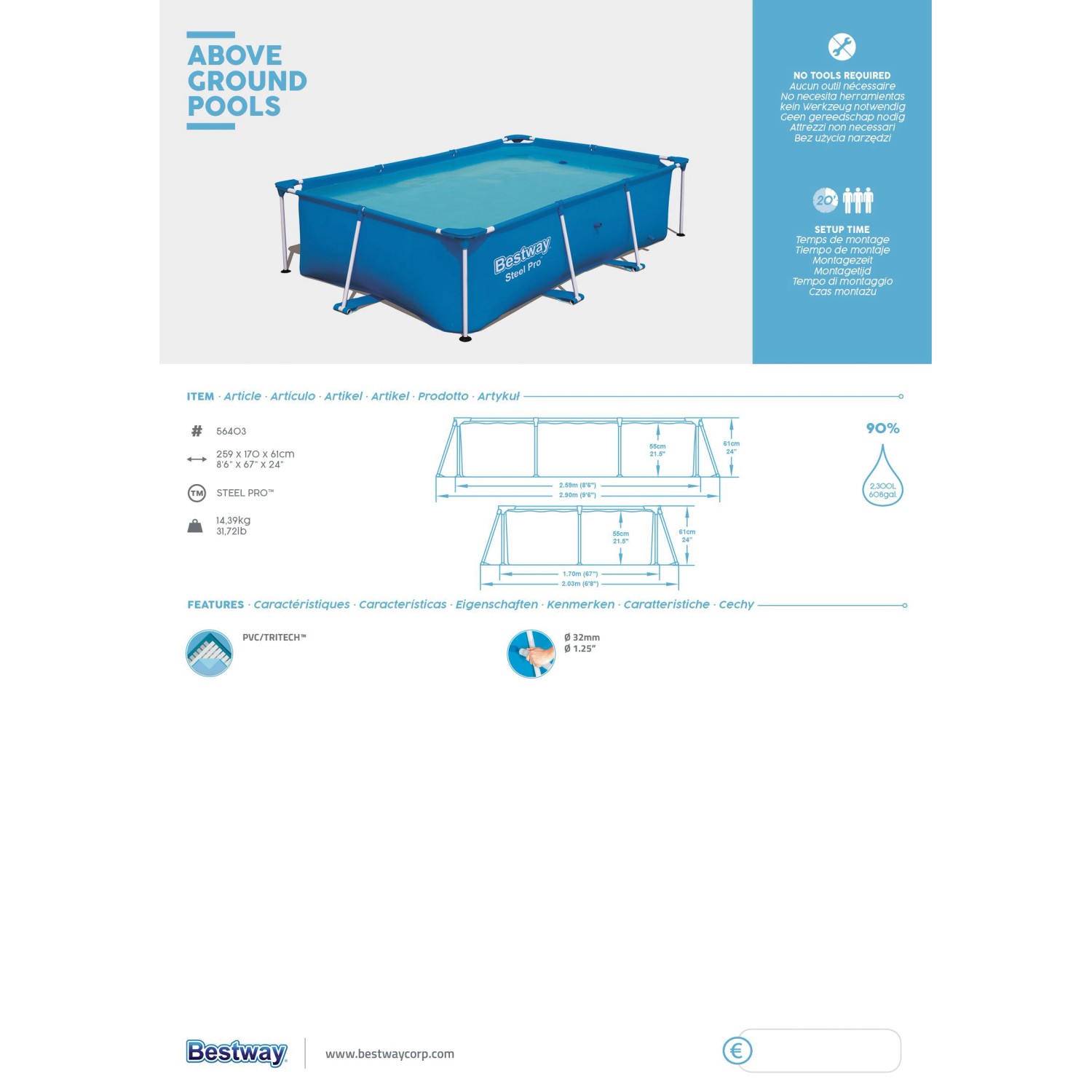 Blauer Steel Pro Frame Pool, eckig, 259x170x61cm, ohne Pumpe.