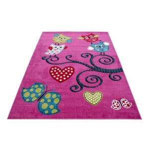 Ayyildiz Kinderteppich Kids 420 Violett, 140x200 cm mit Eulen, Herzen und Schmetterlingen.