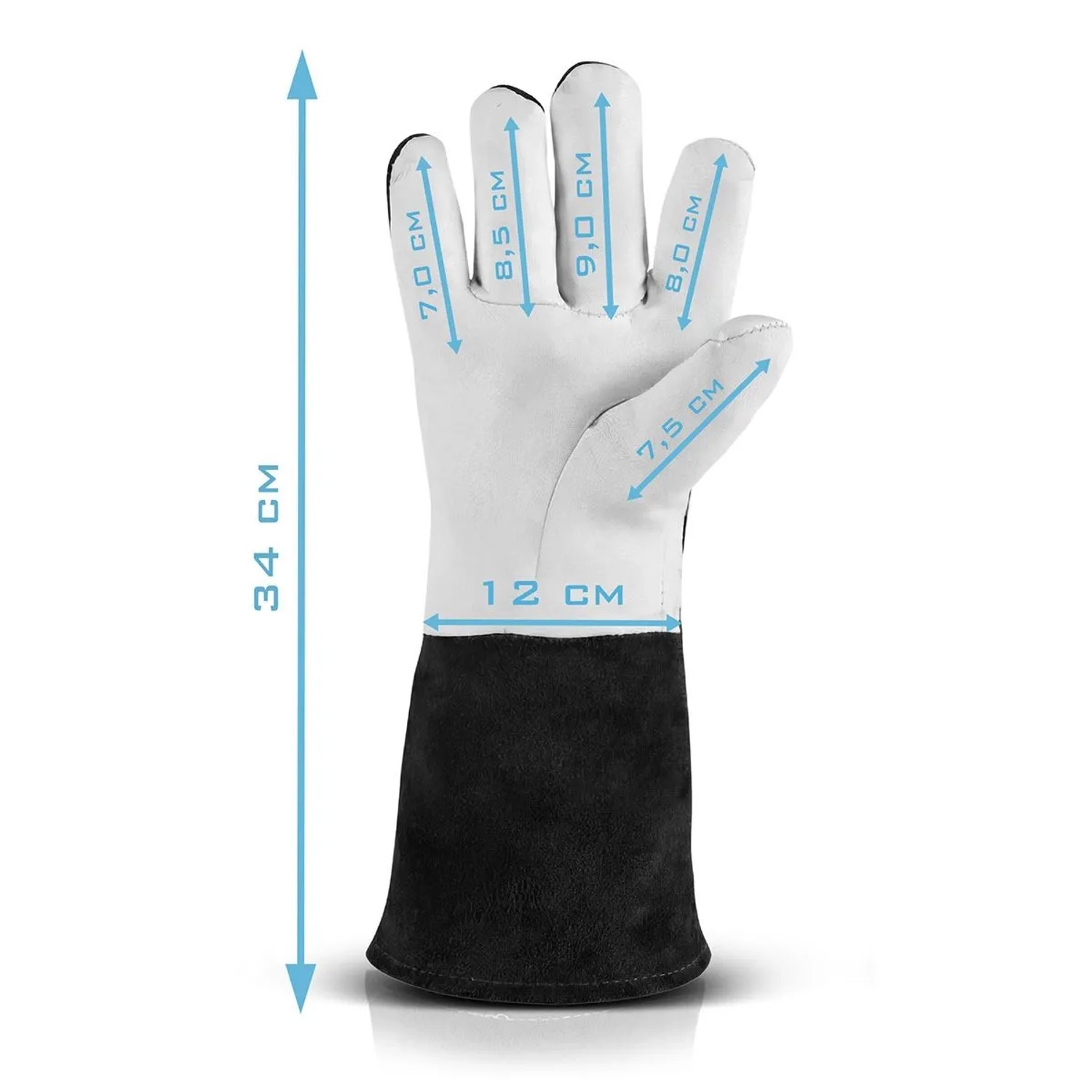 STAHLWERK Schweißerhandschuhe XL aus Echtleder, schwarz-weiß, 34 cm lang. Detaillierte Maße für Finger und Hand.