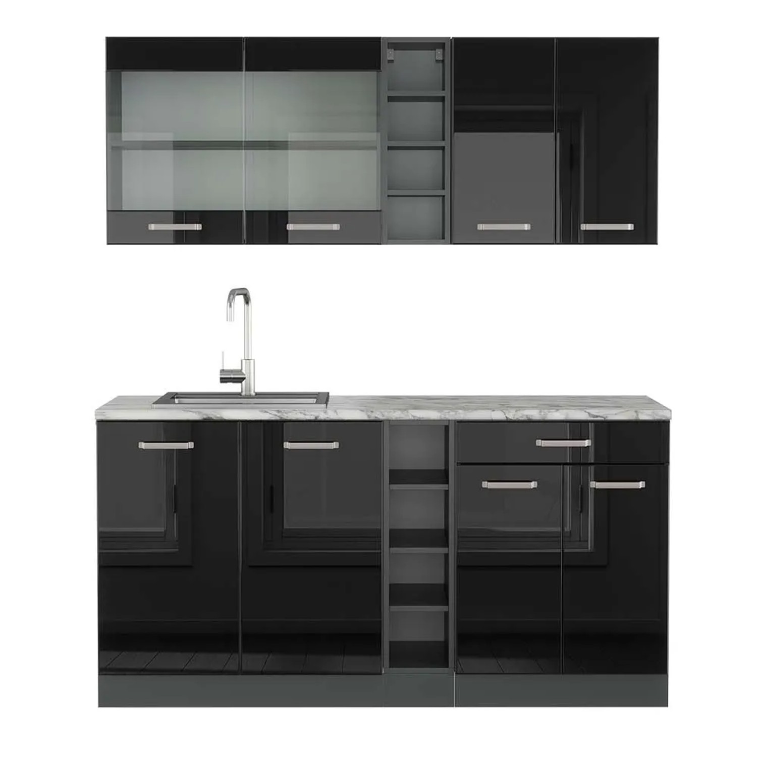 Vicco R-Line Singleküche Schwarz Hochglanz Anthrazit 160 cm AP Marmor ohne E-Geräte