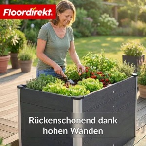 Anthrazitfarbenes WPC Hochbeet Delos mit Stützstange, bepflanzt mit Gemüse und Kräutern. Rückenschonende Höhe.