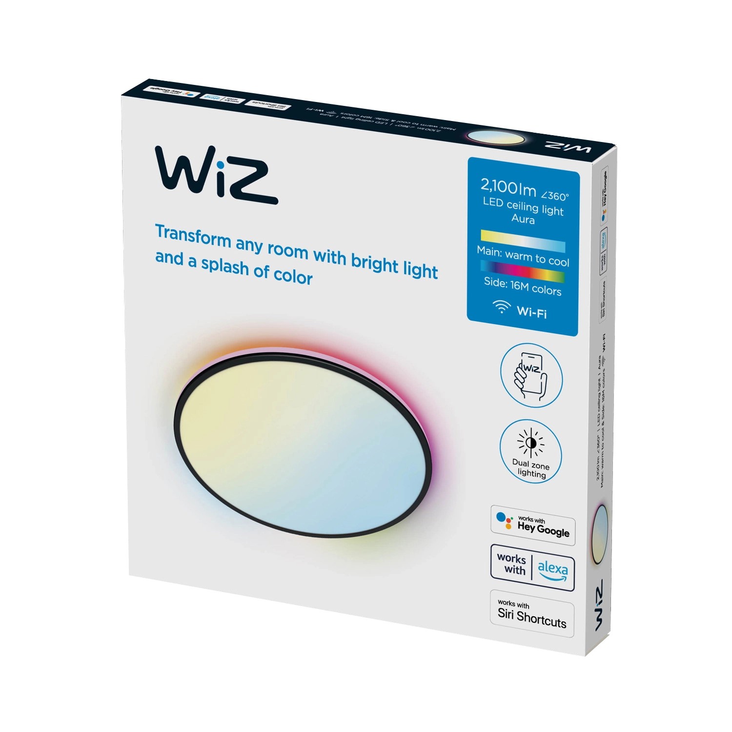 Verpackung der schwarzen WiZ LED-Deckenleuchte Rune mit Farblicht und 2100 Lumen.
